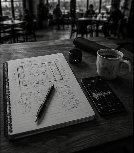 A field research table with notes, room sketches, a sound meter, and coffee.